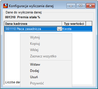 Okno Konfiguracja wyliczania danej Okno Konfiguracja wyliczania danej
