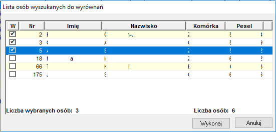 Lista osób wyszukanych do wyrównań
