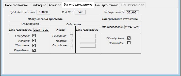 Okno Obsługa danych ubezpieczeniowych->Dane ubezpieczeniowe