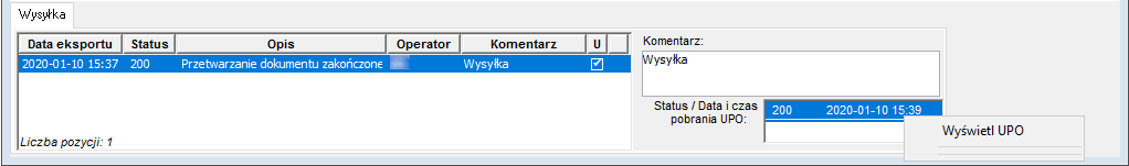 Fragment okna Wysyłka PIT na portal – informacje o dokumencie, dla którego zostało pobrane UPO Fragment okna Wysyłka PIT na portal – informacje o dokumencie, dla którego zostało pobrane UPO