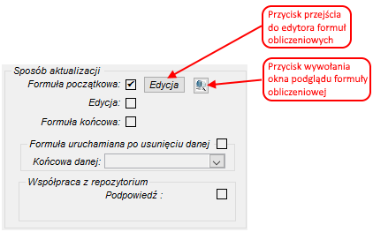 Okno Definicja danych - sekcja Sposób aktualizacji Okno Definicja danych - sekcja Sposób aktualizacji