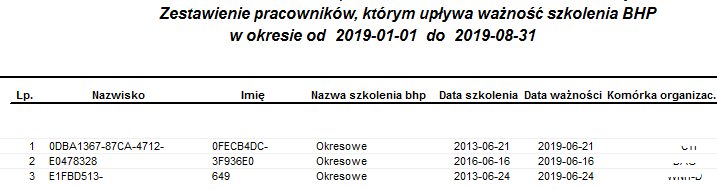 Przykładowy raport Szkolenie BHP ważność