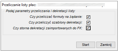 Okienko przeliczania formuł na żądanie listy wypłaconei zaksięgowanej w FK