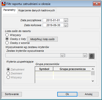 Zakładka Parametry raportu Zatrudnieni w okresie