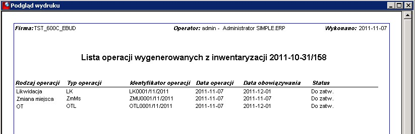 Lista operacy wygenerowanych z inwentaryzacji