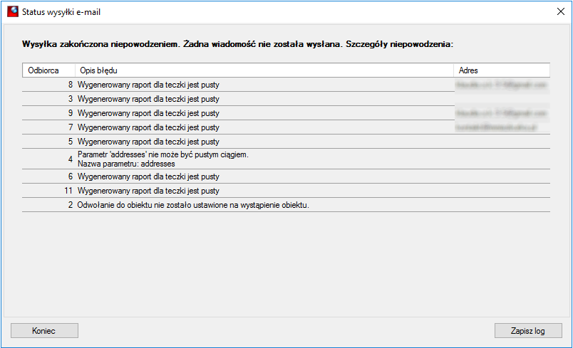 Okno Status wysyłki e-mail