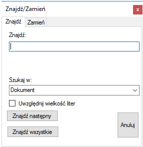 Okno Edycja formuł – wyszukiwanie tekstu