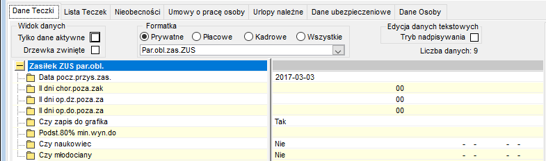 Fragment okna Dane osobowe, zakładka: Dane teczki, drzewko danych Zasiłek ZUS parametry obliczeniowe
