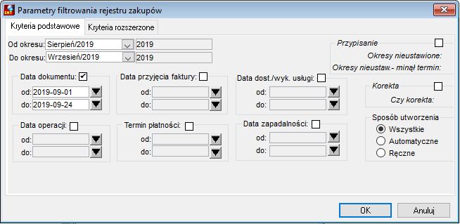 Parametry filtrowania rejestru zakupów – kryteria podstawowe Parametry filtrowania rejestru zakupów – kryteria podstawowe