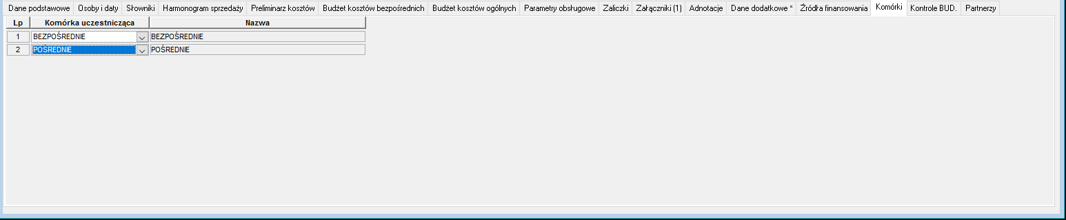Projekty/Kontrakty - zakładka Komórka