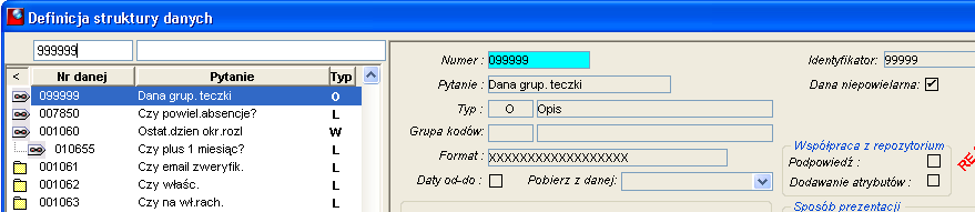 Fragment okna Definicji struktury danych - Dana do grupowania teczek