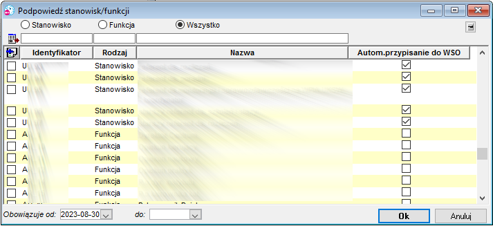 Widok okna wyboru stanowisk/funkcji do umowy Widok okna wyboru stanowisk/funkcji do umowy