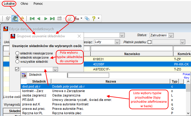 Fragment okna Edycja danych podatkowych - wybór składników przychodu do usuwania Fragment okna Edycja danych podatkowych - wybór składników przychodu do usuwania