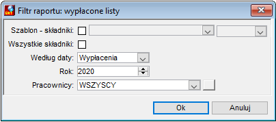 Okno parametrów wydruku wypłaconych list w układzie miesięcznym Okno parametrów wydruku wypłaconych list w układzie miesięcznym