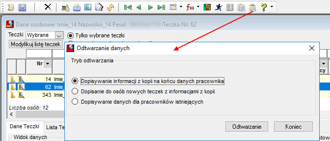 Odtwarzanie danych w teczce