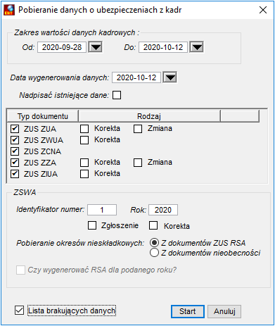 Widok okna Pobierania danych o ubezpieczeniach z kadr