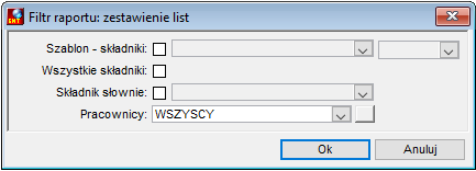 Okno parametrów wydruku zestawienia roboczych list płac Okno parametrów wydruku zestawienia roboczych list płac