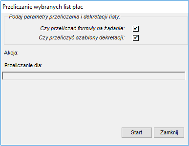 Okno przeliczania wybranych list na żądanie