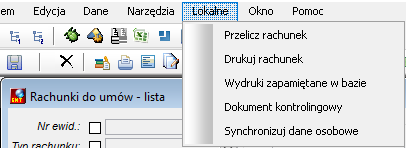 Akcje dostępne z okna Rachunek do umowy zlecenia o dzieło - lista z menu Lokalne