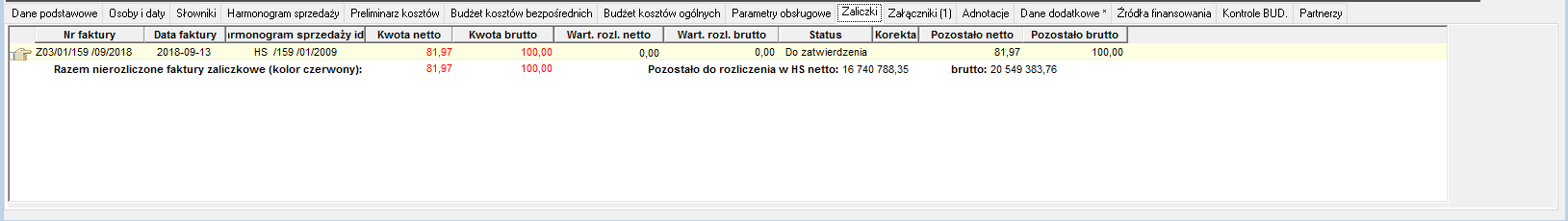 Kontrakt – zakładka Zaliczki
