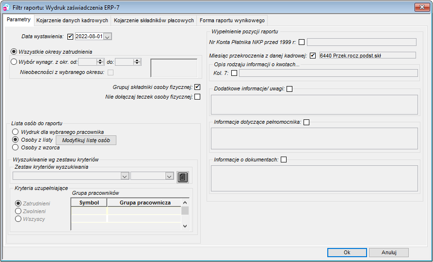 Widok okna uruchomienia raportu ERP-7 – zakładka Parametry