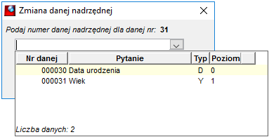 Okno zmiany danej nadrzędnej