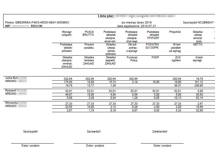 Fragment raportu Lista płac - paski ciągłe podstawowy bez ramek – format A4 w PDF