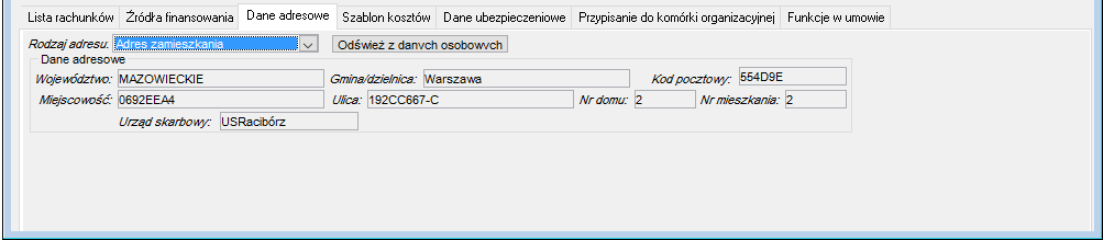 Fragment okna Umowa zlecenia/o dzieło – wykonawca->Dane adresowe