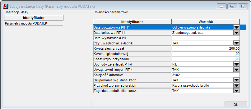 Okno parametrów Podatku