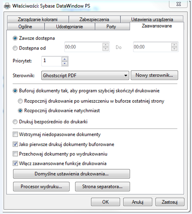 Wybór sterownika Ghostscript PDF