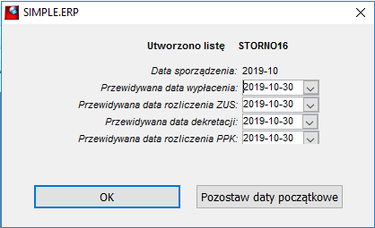 Informacja o inicjalnych datach listy STORNO Informacja o inicjalnych datach listy STORNO