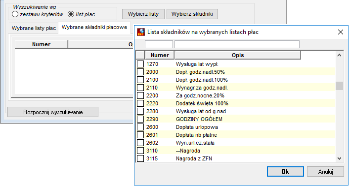 Okno Listy osób - wybór składników płacowych do wyszukiwania teczek