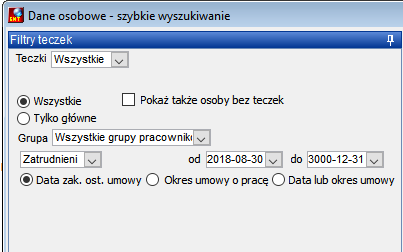 Fragment okna Dane osobowe – szybkie wyszukiwanie->zakładka Filtry teczek