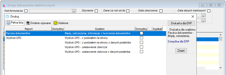 Wykaz raportów z okna Emisja dokumentów elektronicznych