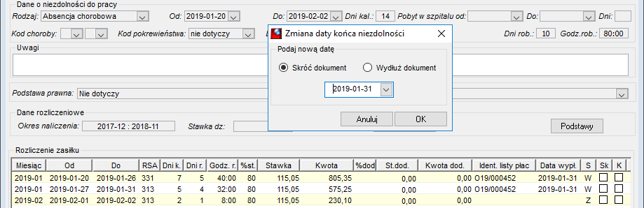 Edytowanie nowej daty do w dokumencie nieobecności rozliczanej w ZUS
