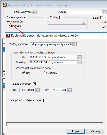 Kopiowanie danych dotyczących wymiarów urlopów