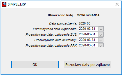 Informacja o inicjalnych datach listy wyrównującej Informacja o inicjalnych datach listy wyrównującej