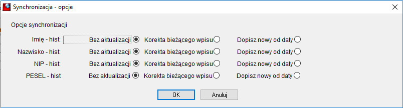Okno Synchronizacja - opcje Okno Synchronizacja - opcje