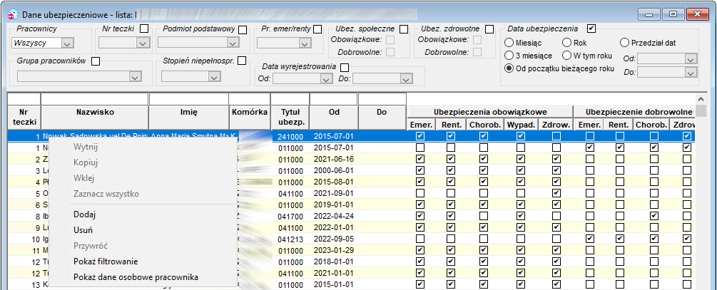 Okno Dane ubezpieczeniowe - lista Okno Dane ubezpieczeniowe - lista