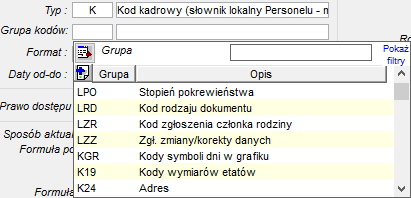 Wybór słownika kadrowego dla danej typu K
