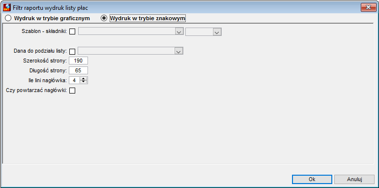 Parametry wydruku List płąc paski poziome w trybie znakowym Parametry wydruku List płąc paski poziome w trybie znakowym