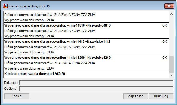 Okno raportu generowanie danych ZUS