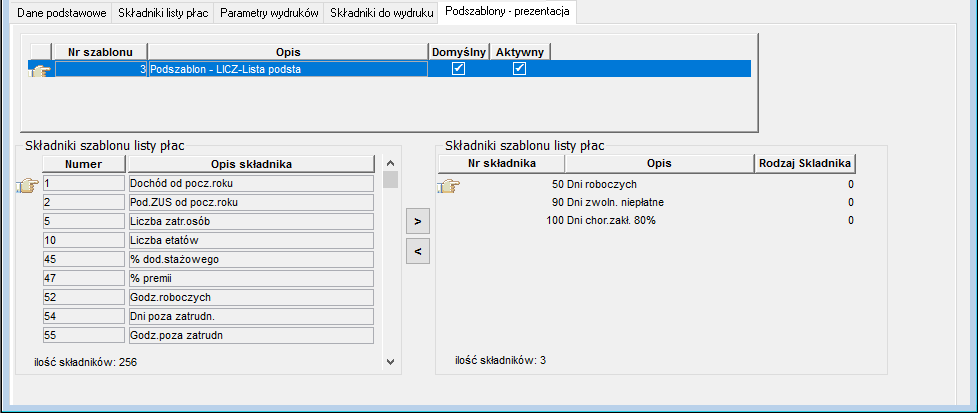 Szablony list płac->Podszablony - prezentacja