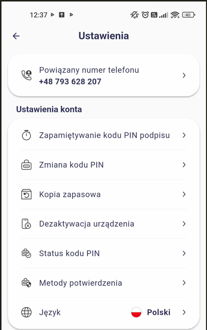 Ustawienia konta w aplikacji mobilnej