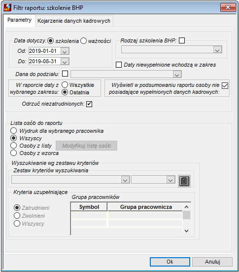 Zakładka Parametry raportu Szkolenie BHP ważność