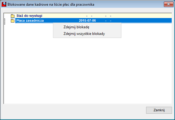 Okno Blokowane dane kadrowe na liście płac dla pracownika Okno Blokowane dane kadrowe na liście płac dla pracownika