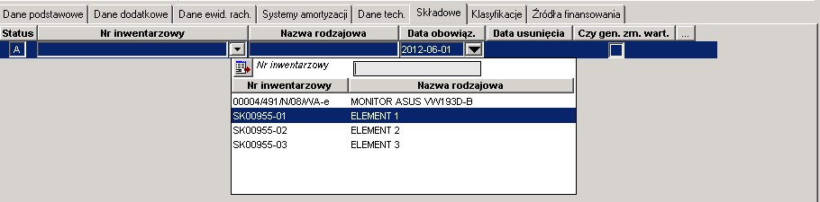 Ewidencja - Zakładka Składowe Ewidencja - Zakładka Składowe