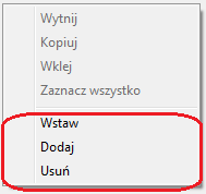Menu kontekstowe struktury budżetowej