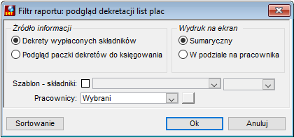 Okno parametrów wydruku zestawienia zagregowanych dekretów list płac Okno parametrów wydruku zestawienia zagregowanych dekretów list płac