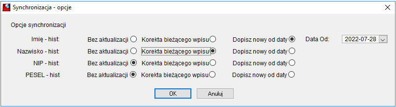 Okienko wyboru opcji synchronizacji danych
